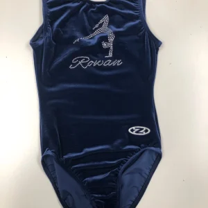 Navy blue leotard with Rowan Gymnastics logo in Diamantes