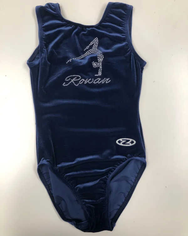 Navy blue leotard with Rowan Gymnastics logo in Diamantes