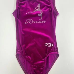 Purple Leotard featuring Rowan Gymnastics Logo and embellished with diamantes