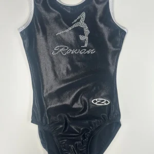 Silver leotard with Rowan Gymnastics logo, embellished with diamantes