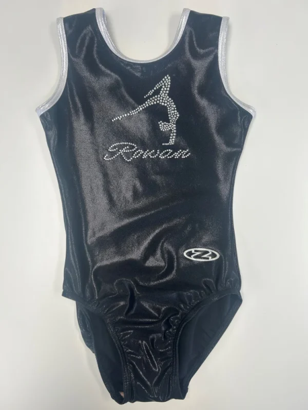 Silver leotard with Rowan Gymnastics logo, embellished with diamantes